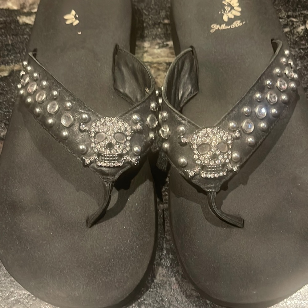 Yellow Box Skull Flip Flops